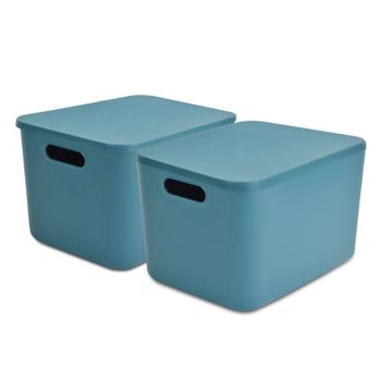 Pack 2 Caja De Plástico Con Tapa Y Asas, Esmeralda, 35x25x21,5 Cm