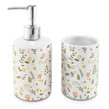 Set De Baño Dispensador Y Portacepillos, Cerámica Y Plástico, Flores