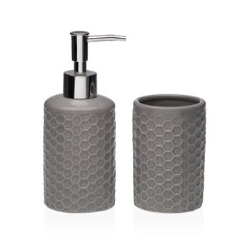 Set De Dispensador Y Vaso Portacepillos, Cerámica, 6,8x17 Cm, Gris