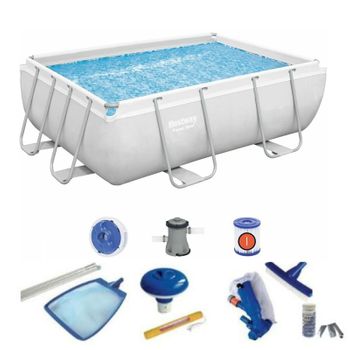 Pack Piscina Rectangular Bestway Frame 287x201x100 Cm Con Depuradora, Escalera, Kit De Limpieza, Y Dispensador De Cloro