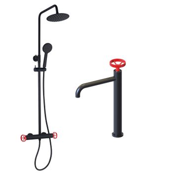 Pack Columna De Ducha 83-119cm Y Grifo De Lavabo Monomando K2o 23x6,7x37cm Negro Mate Reguladores Rojos, Latiguillos Y Aireador