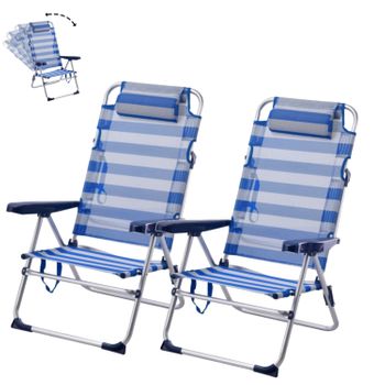 Pack De 2 Silla De Playa Plegable Y Reclinable Con Cojín De 5 Posiciones 57x31x62/101cm Raya Azul