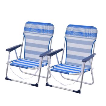 Pack De 2 Sillas Playa Fijas De Asiento Bajo De Aluminio Silla Plegable De 48x23x70cm Raya Azul