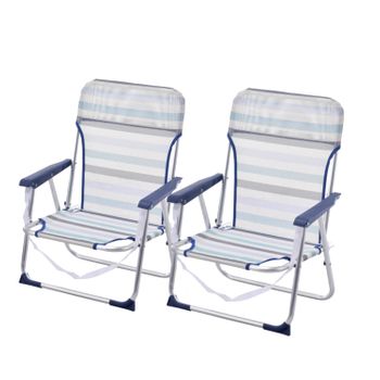 Pack De 2 Sillas Playa Fijas De Asiento Bajo De Aluminio Silla Plegable De 48x23x70cm Raya Gris