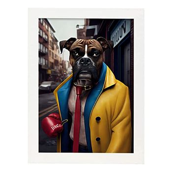 Lámina Boxer Energético En Estilo Fotografía A Todo Color Divertidas Ilustraciones Realistas De Animales Con Ropa Humana Diseño Y Decoración De Interiores A3 Marco Blanco Nacnic