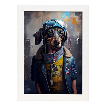 Lámina Dachshund Aviador Responsable En Estilo Fotografía A Todo Color Divertidas Ilustraciones Realistas De Animales Con Ropa Humana Diseño Y Decoración De Interiores A3 Marco Blanco Nacnic