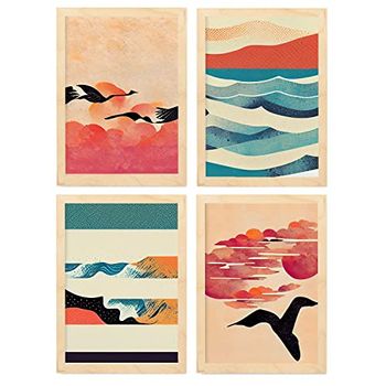 Set De 4 Posters Pájaro En Estilo Abstracto Llamativas Y Modernas Ilustraciones Artísticas A Todo Color Para El Diseño Y Decoración De Interiores Size A4 Marcos Madera Clara Nacnic