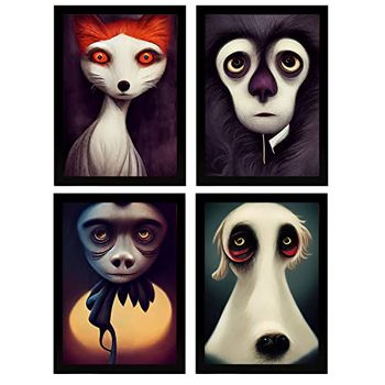 Set De 4 Posters Escucha Estilo T Burton Ilustraciones Y Pósters De Animales Inspirados En El Arte Gótico Y Oscuro De Burton Diseño Y Decoración De Interiores A3 Marcos Negros Nacnic