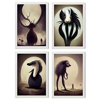 Set De 4 Posters Marrón Estilo T Burton Ilustraciones Y Pósters De Animales Inspirados En El Arte Gótico Y Oscuro De Burton Diseño Y Decoración De Interiores A3 Marcos Blancos Nacnic