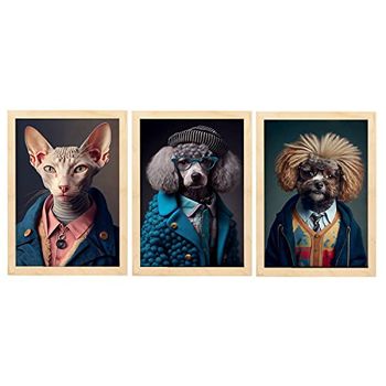 Set De 4 Posters Sofisticado En Estilo Fotografía A Todo Color Divertidas Ilustraciones Realistas De Animales Con Ropa Humana Diseño Y Decoración De Interiores A3 Marcos Madera Clara Nacnic