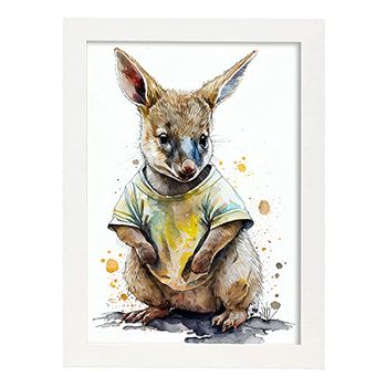 Baby Wallaby Joey Sobre Fondo Blanco Sonriendo Con Wearin Estampados De Arte De Pared Estético Para El Diseño De Dormitorio O Sala De Estar Nacnic