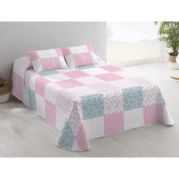 Colcha Bouti Estampada Cosida Reversible Para Cama De 135 Cm Rosa/blanco Santorini + Cojines