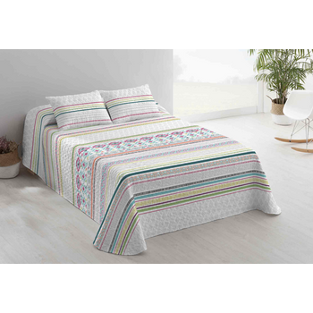 Colcha Bouti Estampada Cosida Reversible Para Cama De 90 Cm Blanco / Vivos  Creta + Cojines