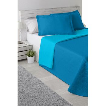 Colcha Reversible Bicolor + Cojines Cama 90cm Azul/turquesa