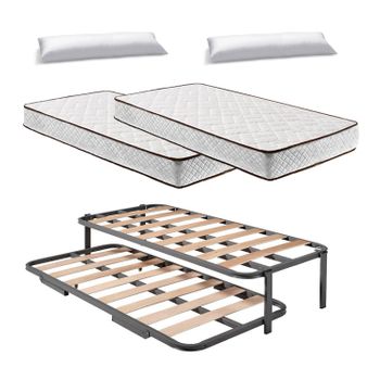 Cama Nido 4 Patas Con 2 Somieres Estructura Metálica Reforzada + 2 Colchones Flexitex Con Tejido 3d Y Aloe Vera, Altura 18 Cm + Almohada De Fibra, 80x180 Cm