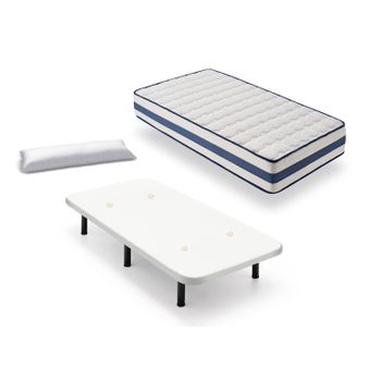 Hogar24 Es | Cama Completa | Base Tapizada 3d Color Blanco + 6 Patas Cilíndricas De 32 Cm + Colchon Visco Medicot + Almohada De Fibra, 105x190 Cm