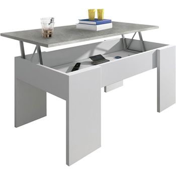 Mesa De Centro Elevable, Acabado En Color Blanco Con Tapa En Gris Cemento, Medidas: 90 Cm (ancho) X 50 Cm (fondo) X 46 Cm / 56 Cm (alto)