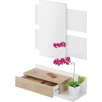 Mueble recibidor con espejo de pared DARCY. 91,5x85x27,9 cm. Consola con  cajón y estante inferior.
