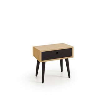 Mesita De Noche Elegante, Diseño Minimalista Con Cajón Y Patas De Madera Natural, Color Encerado Y Negro. Medidas: Ancho: 45 Cm X Alto: 52 Cm X Fondo: 30 Cm