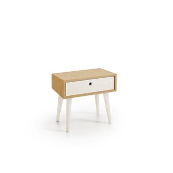 Mesita De Noche Elegante, Diseño Minimalista Con Cajón Y Patas De Madera Natural, Color Encerado Y Blanco. Medidas: Ancho: 45 Cm X Alto: 52 Cm X Fondo: 30 Cm