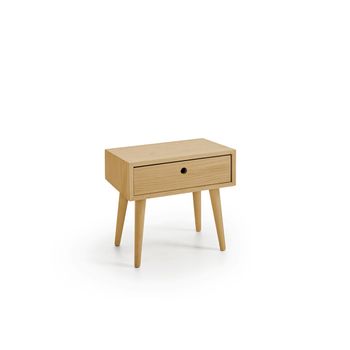 Mesita De Noche Elegante, Diseño Minimalista Con Cajón Y Patas De Madera Natural, Color Encerado. Medidas: Ancho: 45 Cm X Alto: 52 Cm X Fondo: 30 Cm