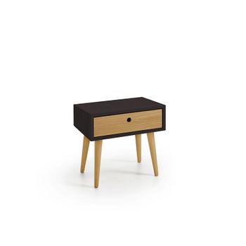 Mesita De Noche Elegante, Diseño Minimalista Con Cajón Y Patas De Madera Natural, Color Negro Y Encerado. Medidas: Ancho: 45 Cm X Alto: 52 Cm X Fondo: 30 Cm