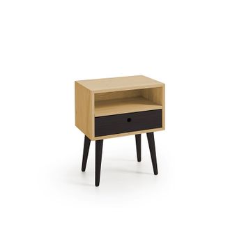 Mesita De Noche Elegante, Diseño Minimalista Con Cajón + Hueco Y Patas De Madera Natural, Color Encerado Y Negro. Medidas: Ancho: 45 Cm X Alto: 55 Cm X Fondo: 30 Cm