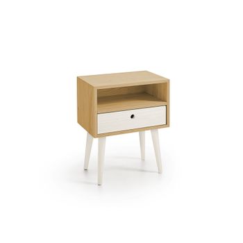 Mesita De Noche Elegante, Diseño Minimalista Con Cajón + Hueco Y Patas De Madera Natural, Color Encerado Y Blanco. Medidas: Ancho: 45 Cm X Alto: 55 Cm X Fondo: 30 Cm