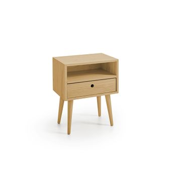 Mesita De Noche Elegante, Diseño Minimalista Con Cajón + Hueco Y Patas De Madera Natural, Color Encerado. Medidas: Ancho: 45 Cm X Alto: 55 Cm X Fondo: 30 Cm