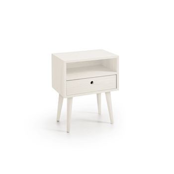 Mesita De Noche Elegante, Diseño Minimalista Con Cajón + Hueco Y Patas De Madera Natural, Color Blanco. Medidas: Ancho: 45 Cm X Alto: 55 Cm X Fondo: 30 Cm