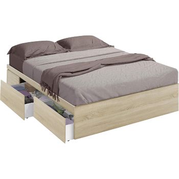 Estructura De Cama 150 Cm Con 4 Cajones (para Somier De 150x190 Cm), Color Roble Canadian, Medidas: 156 Cm (ancho) X 196 Cm (fondo) X 37 Cm (alto)