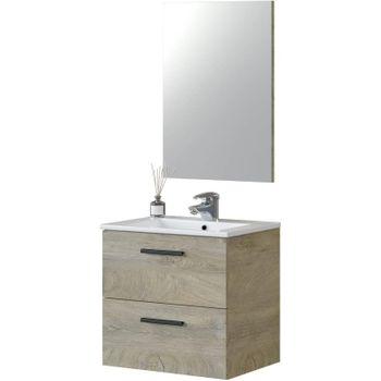 Mueble De Baño Con 2 Cajones Y Espejo, Color Roble Alaska, Medidas: 60 X 57 X 45 X. Lavabo No Incluido