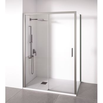 Mampara De Ducha Angular 1 Corredera + 2 Fijos - Sin Perfilería Inferior - Cristal Transparente Templado 6mm - Plata Brillo - Ancho Adaptable 95-100 X 77-80cm - Posición Puerta Derecha - Alto 195cm