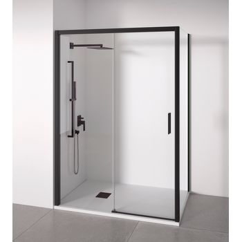 Mampara De Ducha Angular 1 Corredera + 2 Fijos - Sin Perfilería Inferior - Cristal Transparente Templado 6mm - Negro Mate - Ancho Adaptable 95-100 X 77-80cm - Posición Puerta Derecha - Alto 195cm