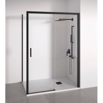 Mampara De Ducha Angular 1 Corredera + 2 Fijos - Sin Perfilería Inferior - Cristal Transparente Templado 6mm - Negro Mate - Ancho Adaptable 95-100 X 67-70cm - Posición Puerta Izquierda - Alto 195cm