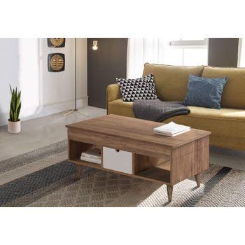 Mesa de centro elevable con cajón, madera maciza pino 100% natural