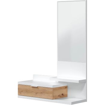 Mueble recibidor colgante con espejo y cajon color blanco y roble estilo  moderno