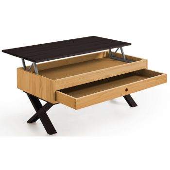 Mesa Centro Elevable Con Patas X Cajón Deslizante, Diseño Industrial-vintage, Madera Maciza Natural, Tapa Negra Y Patas En X Color Negro Medidas: 100x50x47 Cm