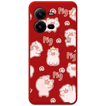 Funda Silicona Líquida Roja Para Vivo X80 Lite 5g Diseño Cerdos Dibujos