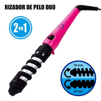 Rizador De Pelo Duo 2 En 1 Placa Cerámica Ajustable A Dos Tamaños 19 Mm O 32 Mm Rosa