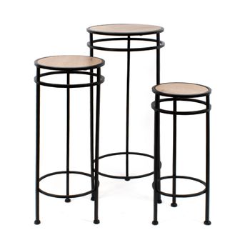 Set De 3 Soportes Redondos Para Decoración - Mesas Auxiliares De Metal - Ideal Para Recibidor Y Dormitorio - Madera Natural