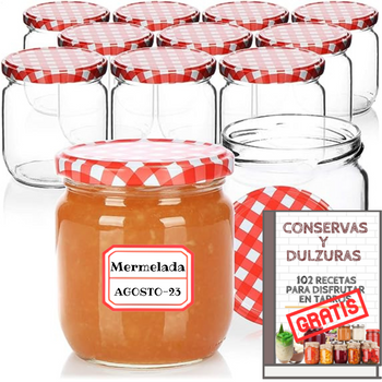 12 Tarros De Cristal De 250 Ml Con Tapa De Rosca Hermética + Ebook De 102 Recetas - Incluye Etiquetas