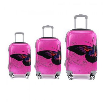 Set De 3 Maletas Equipaje De Mano, Facturar Cabina Para Viajar Con Ruedas Giratorias 360º Mariposa Fucsia