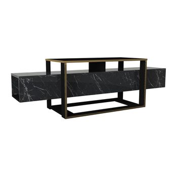 Mueble TV con 2 puertas, 2 cajones y 2 estantes de MDF y acero - Negro y  dorado - EVILANA