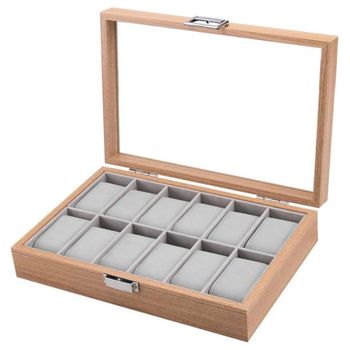 Caja Para Relojes Organizador De Reloj Con 12 Compartimentos Y Almohadillas Extraíbles Tapa De Cristal (12 Relojes Color Marron)