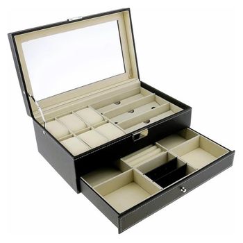 Caja Para Relojes Con Compartimiento Y Exhibidor De Joyas, Con Almohadillas Extraíbles (6 Relojes + Gafas + Anillos)