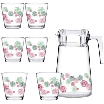 Set De Jarra 2l Y 6 Vasos De Vidrio 250ml Con Dibujos