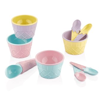 Set Carnaval Para Helados: 4 Cucharillas, 4 Boles, Cuchara Grande, Diseño Oblea, Colores.