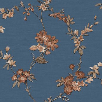 Papel Pintado Flower Azul Oscuro Y Bronce Dutch Wallcoverings