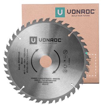 Vonroc Hoja De Sierra Universal 216mm - 40 Dientes - Para Madera - Adecuada Para Ingletadoras Y Sierras De Mesa.